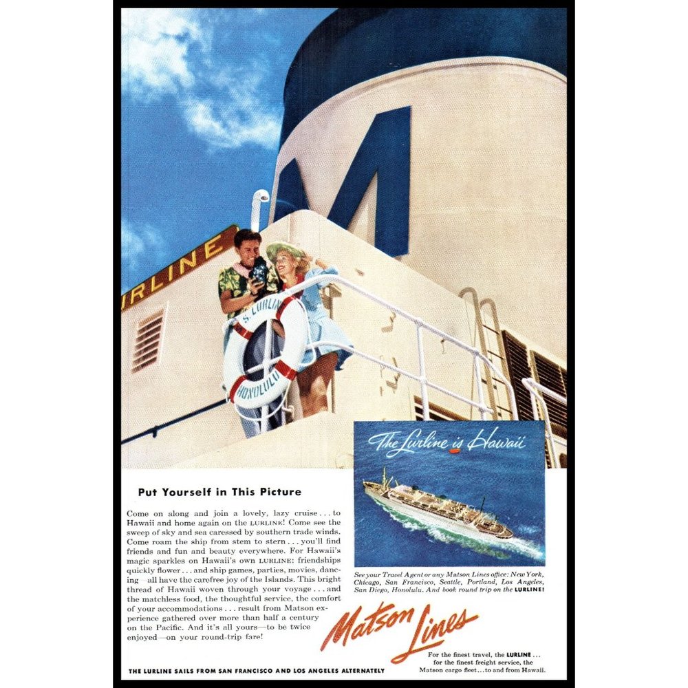 1953 Matson Lines Lurline Cruise Ship Couple Smokestack Vintage Print Ad Photo